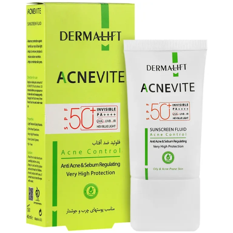 فلوئید ضدآفتاب spf50 آکنویت مناسب پوست چرب و جوش دار درمالیفت 40 میلی لیتر بی رنگ