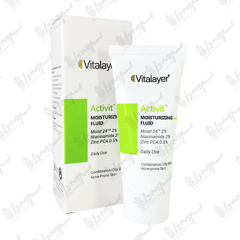 فلوئید ضدآفتاب بی‌رنگ ویتالیر مدل Activit SPF 50 مناسب پوست‌های چرب و مختلط